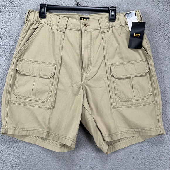 Lee Mens Safari Cargo Shorts 36 Tan Regular Fit Side Elastic Utility Pockets NEW